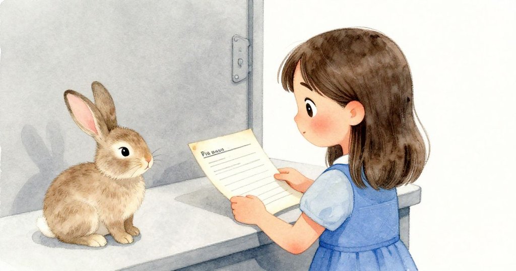 Pia從身後專注地翻看磨損表格，旁邊有隻黃褐色兔子輕輕靠近，情節逐漸發展，室內環境柔和溫馨。