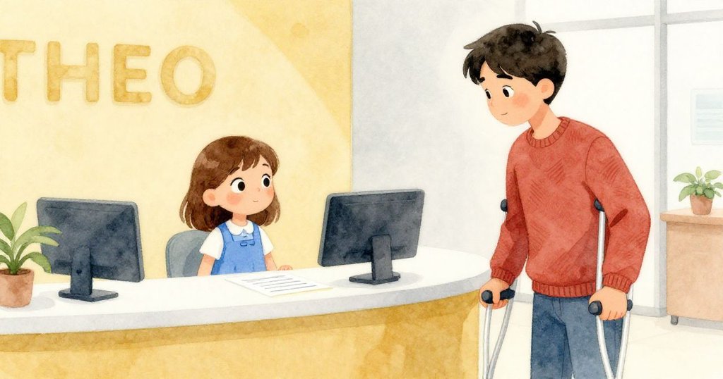 Pia與Theo在診所接待區，面對蓋章表格，神情充滿希望與安心，室內環境現代整潔，故事步入高潮。