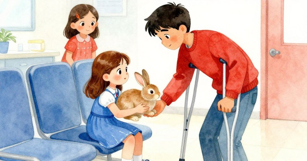 Theo利用拐杖輕抱奔逃兔子，Pia在背景關注，等待室內動作流暢，表情交織著擔心與溫情，情節進入高潮。