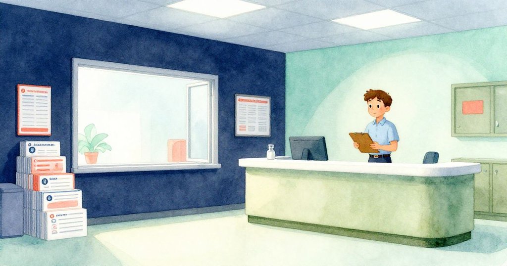 本登男士走入候診室,窗戶半開,桌上排列整齊的表格反射出柔和光影,神情專注迎向新局。