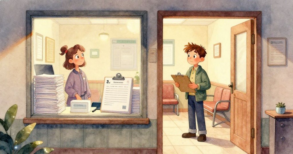 本登專注輕觸平整表格頁面,展現紙張細膩質感與溫柔燈光下的筆墨痕跡,動作細膩。