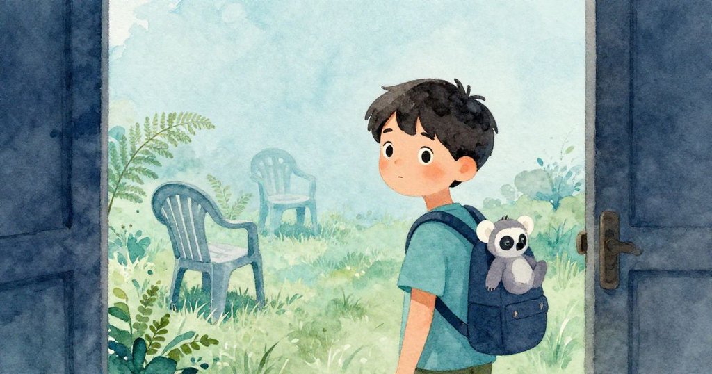 小男孩站在候診區中,背包上毛絨狐猴隨風搖擺,背景中褪色海報與枯蕨營造出懷舊氣氛。