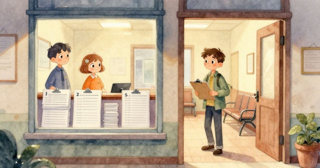 陣風吹來,紙張隨風飛舞,枯蕨上水珠四濺,候診室內呈現動態混亂卻富詩意畫面。