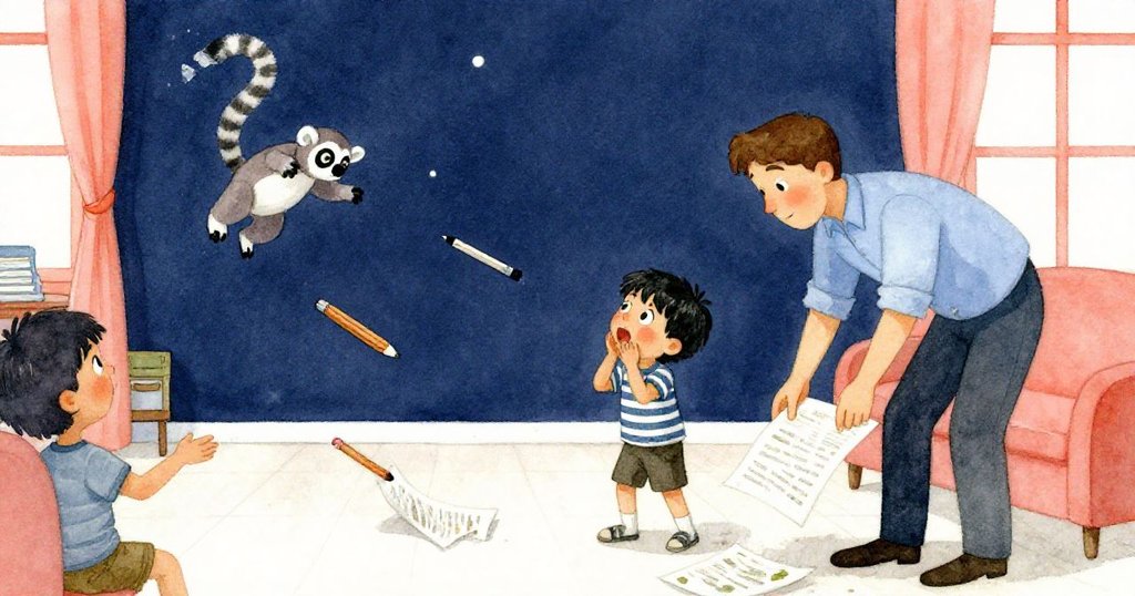 本登急速拾起散落紙張,小男孩驚愕看著毛絨狐猴搖擺,桌上鉛筆滾動,場面充滿緊張動感。