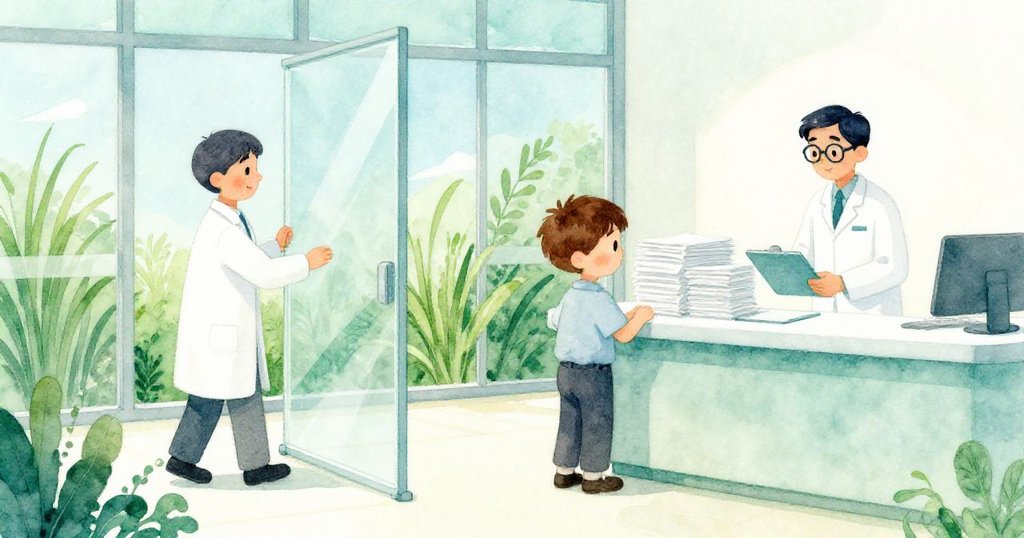 本登平靜整理文件,藥師推動玻璃隔板阻擋陣風,滑動門外草地隨風輕舞,畫面恢復寧靜。