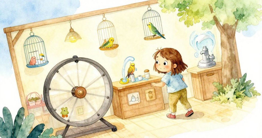 Maeve進入寵物店，步入充滿籠子、滾動的倉鼠輪和水泵聲的場景，臉上充滿好奇與期待。