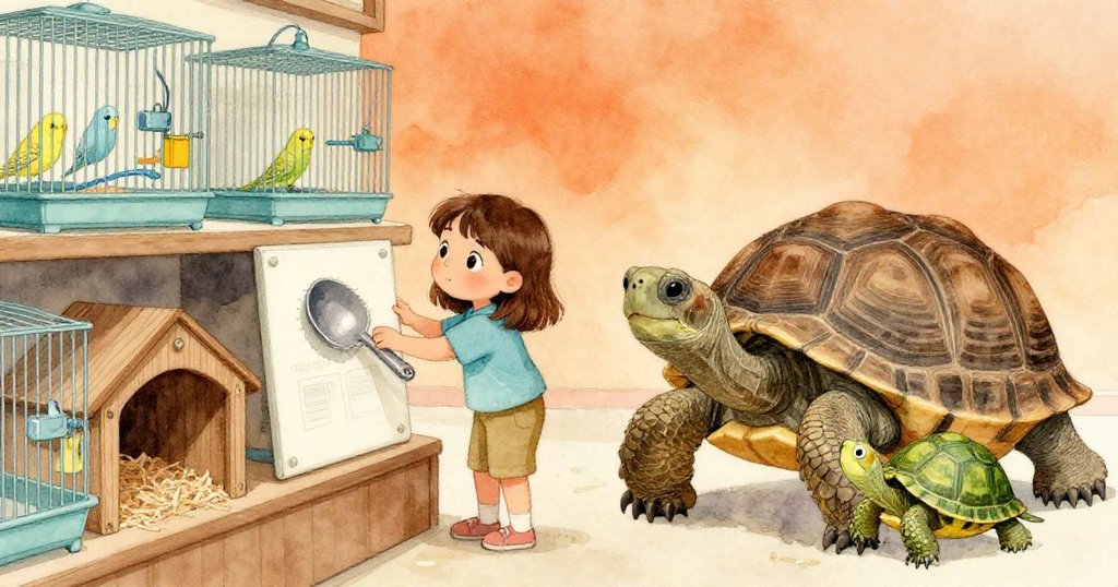 Maeve在展示區用金屬食物勺輕敲面板，背後有靜止鳥籠和木棚隱藏著兩隻烏龜，散發溫暖光線，表情專注。