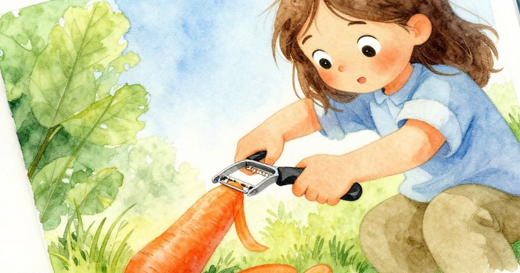 Maeve細心使用鋼削皮器削出胡蘿蔔絲，專注手部動作細節清晰，背景輕微模糊，展現決心與巧手。