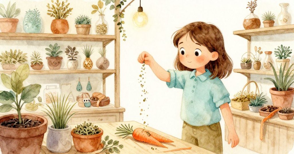 Maeve在店內專注地灑上迷迭香與百里香，胡蘿蔔絲隨風飄動，溫暖氣氛與細節交織，表情認真。