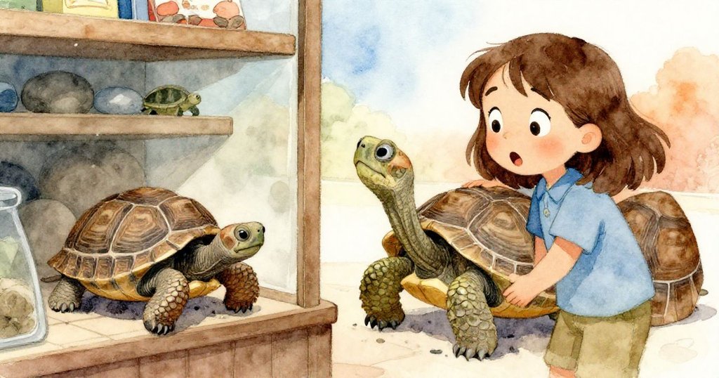 在寵物店角落，小烏龜從加熱石後探出頭，較大烏龜疑惑駐足，Maeve臉上展現驚訝與期待，細節生動。