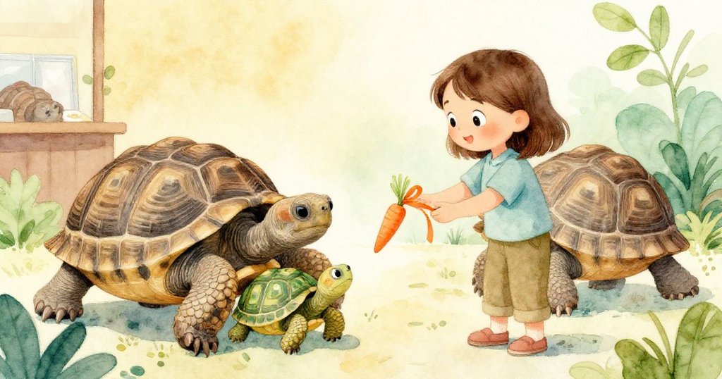 在寵物店內，Maeve溫柔地遞上胡蘿蔔絲，兩隻烏龜好奇接近，臉上洋溢著暖心笑容，情感深刻並傳達共享時刻。