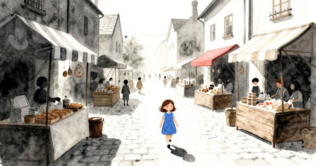 Flora 穿著藍裙走進市場，早晨光線柔和，街道擺滿攤販，畫面熱鬧又朝氣蓬勃。