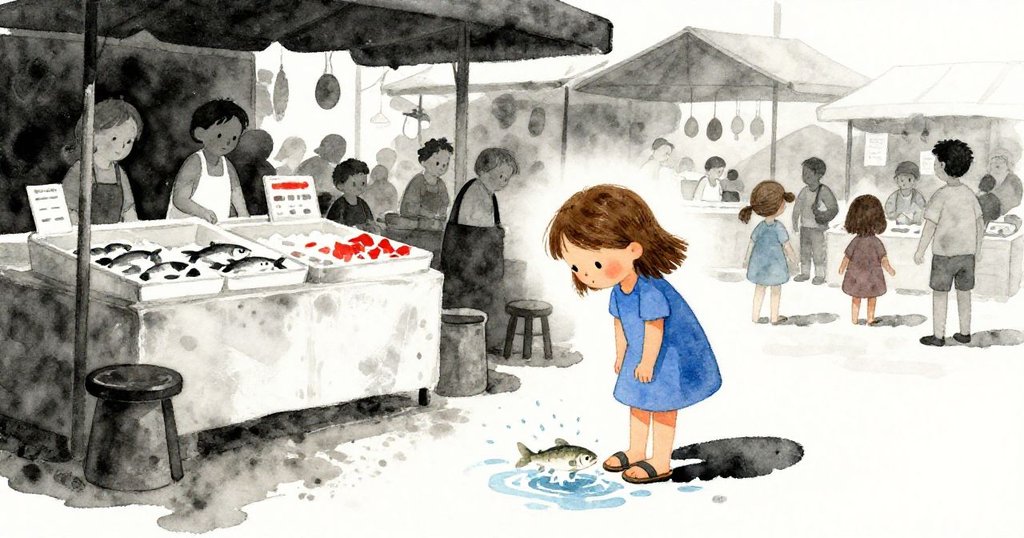 Flora 於魚攤前驚訝停步，一條小魚掙脫水花噴濺在涼爽市場環境中，充滿生動細節。