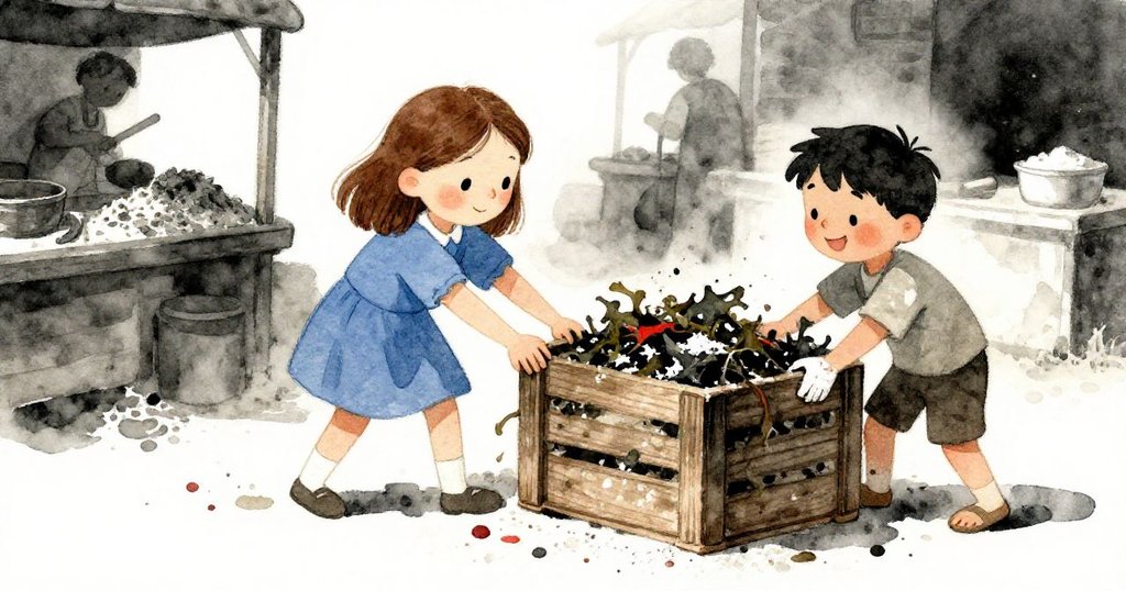 Flora 與 Kent 在市場協力移開重箱，努力取出乾海萵苣，兩人專注且互助，市場背景細節豐富。