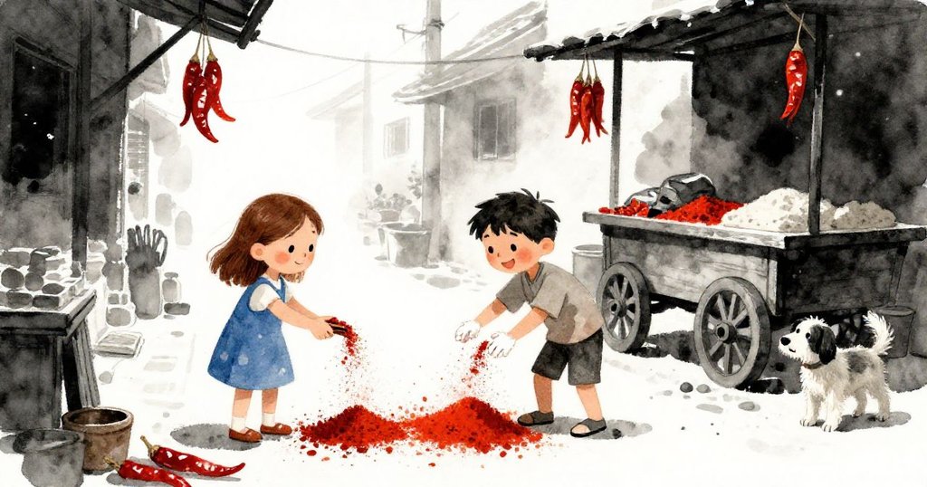 Flora 與 Kent 站在散落的辣椒粉旁觀察，旁邊流浪狗好奇穿過車下，象徵祕密調味延續。