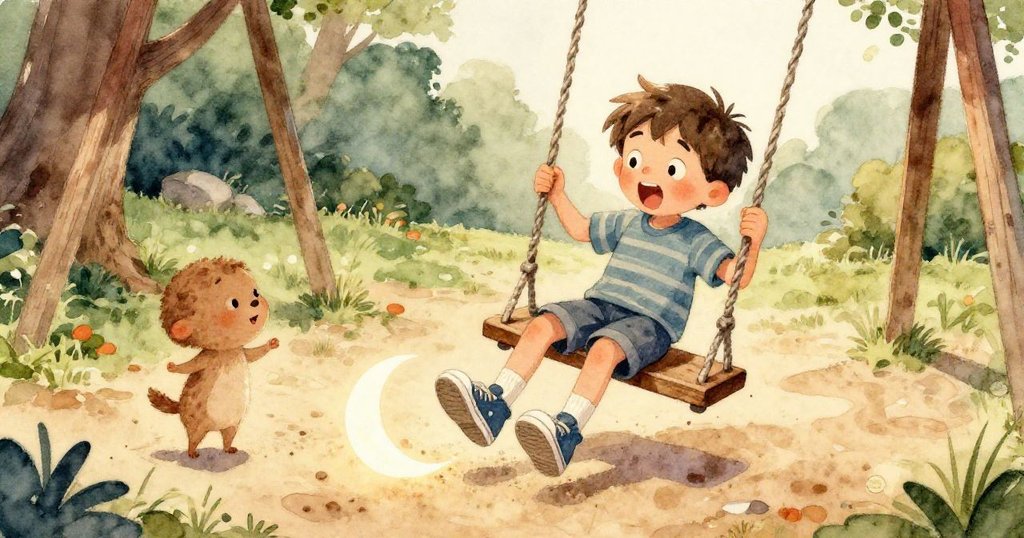 科拉小心觸碰沙中閃亮的黃銅小船，近鏡頭展現生鏽鏈條與濕潤沙紋，神情專注而好奇。