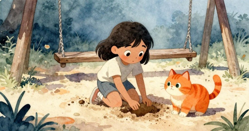 從橘色圓貓視角看，科拉在鞦韆旁仔細翻動沙子，低角度展現溼潤質感與觀察中的好奇神情。