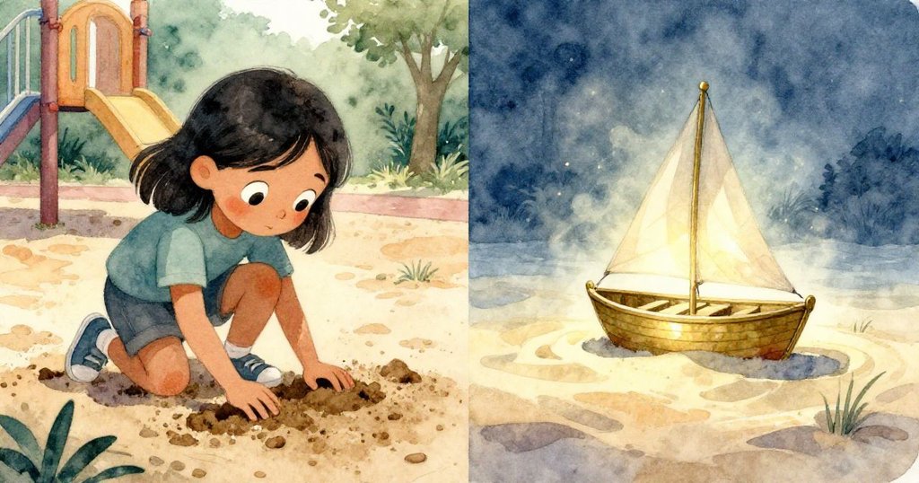 科拉分屏畫面中，一面聚精會神挖沙，另一面夢幻般呈現閃光沙海中揚帆的黃銅小船，現實與幻想交織。