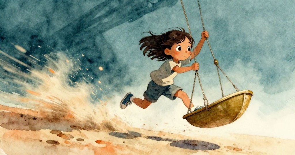 風起搖動鞦韆，科拉急速躍起伸手搶回那閃亮黃銅小船，沙粒飛揚中呈現緊張與決心。