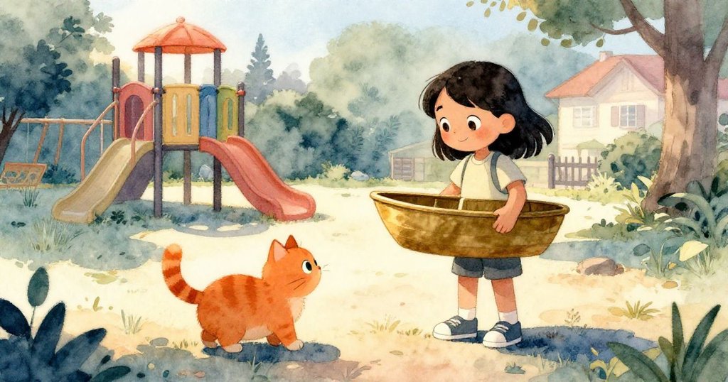 科拉在鞦韆旁溫暖笑容，手握黃銅小船，友善橘貓靠近身邊，場景充滿舒心與重逢的感動。