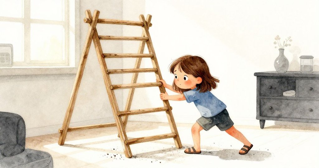 妮娜在明亮室內靠著晾衣架推木格架，手上有細木屑，表情堅定，背景溫暖明亮。