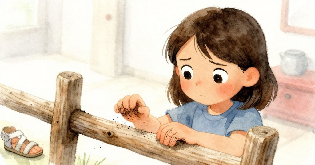 妮娜特寫鏡頭中注視木格架，手上覆滿細木屑，神情專注，背景柔和呈現室內工作氛圍。