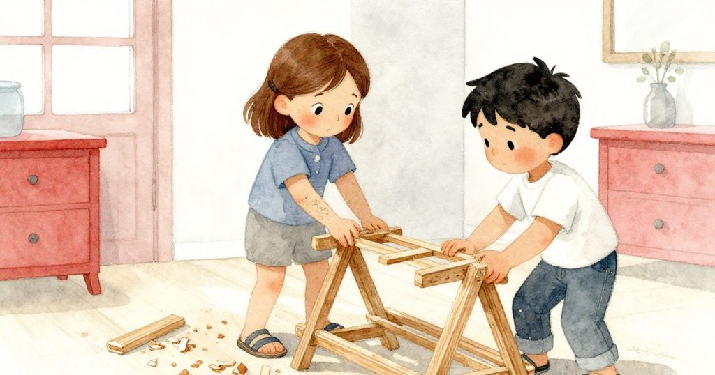 妮娜與科爾合作抬起木格架，木屑隨之逸散，兩人表情專注，室內午後光線溫暖呈現共同努力情景。