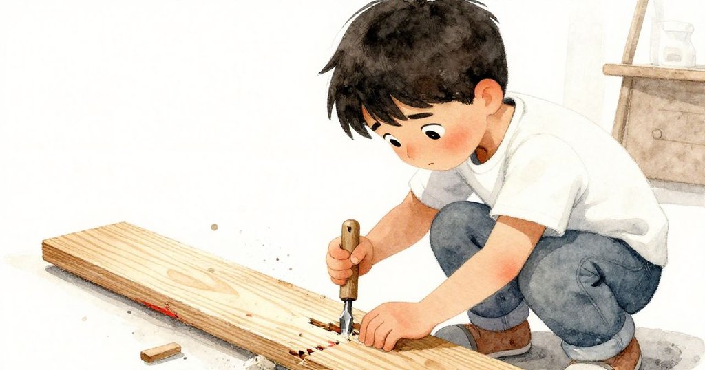 科爾蹲下用小鑿子撬起彎曲木板，臉上專注神情明顯，木板細節突出，室內工作空間背景柔和。