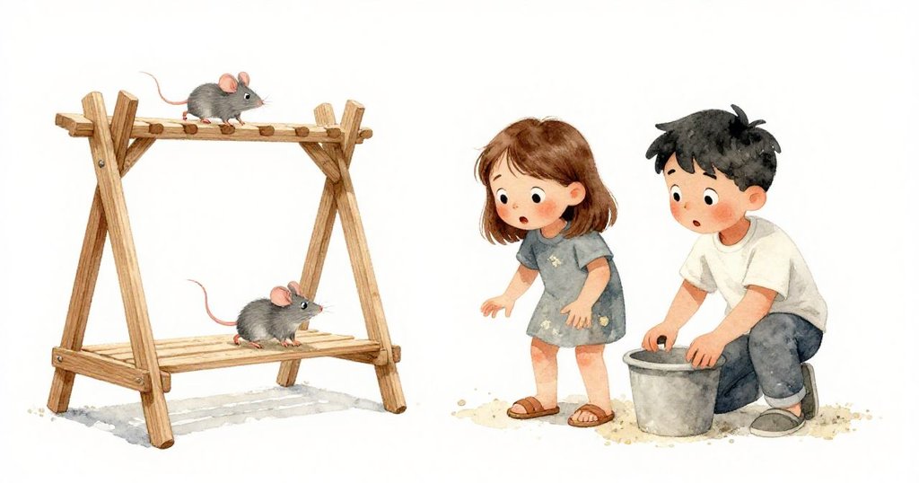 木格架終於平穩，細小塵色老鼠從木板後掠出，妮娜與科爾臉上露出驚喜與輕鬆神情，室內環境充滿溫馨感。