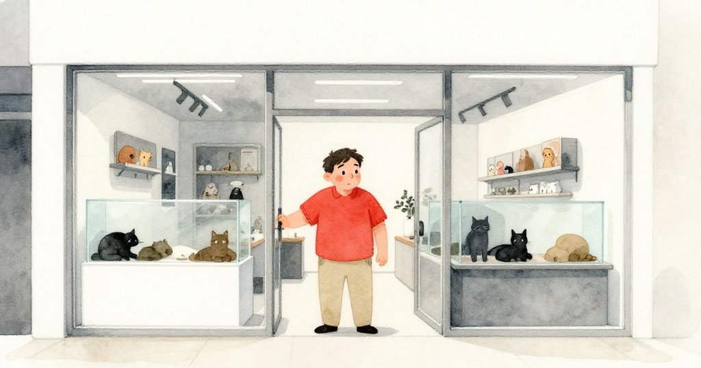 Grant穿著紅襯衫走入寵物店，水族箱發出輕微嗶嗶聲，燈光藍色反射映出現代感，神情充滿好奇與期待。