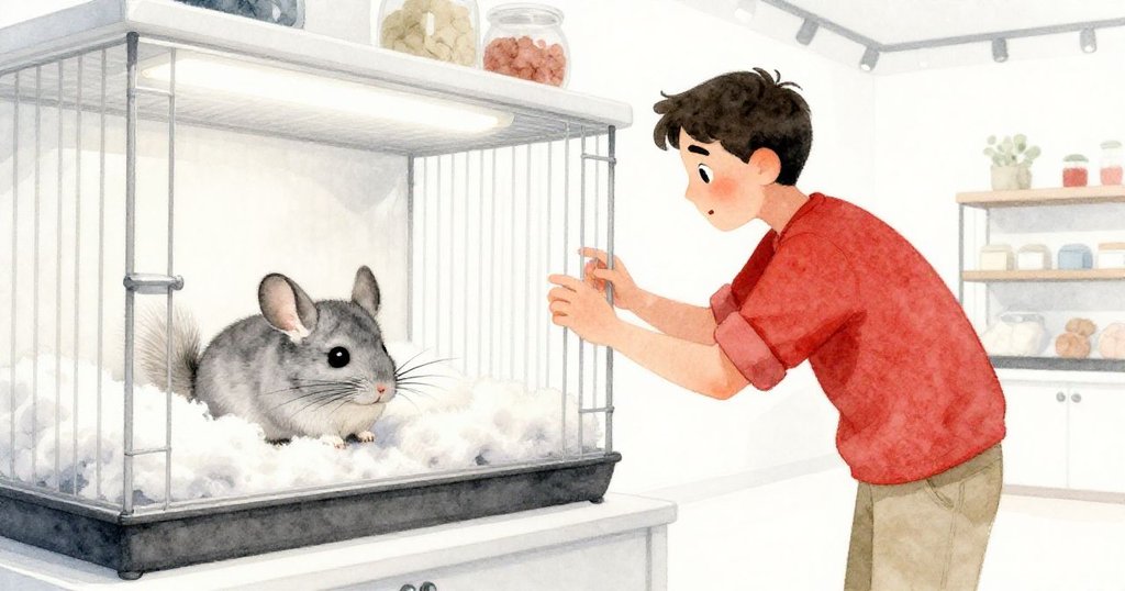 Grant在寵物店內仔細觀察玻璃籠內的chin-chilla，隱藏於柔白羊絨下僅露顫動鬍鬚，神情中帶著驚喜與專注。