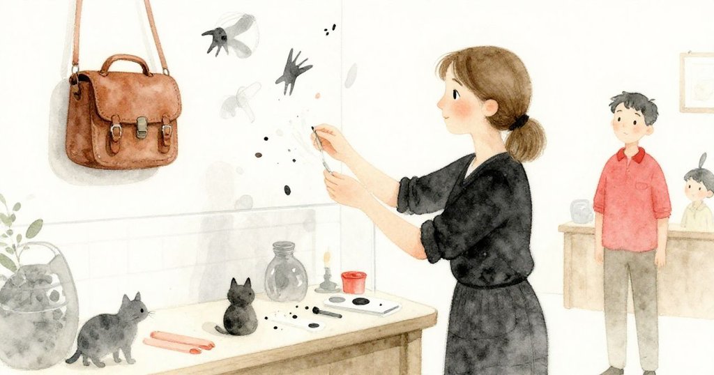 店員在櫃台旁整理紙張與皮革挎包，Grant在背景中注視細緻陳列，店內安靜且充滿鄰家溫暖。