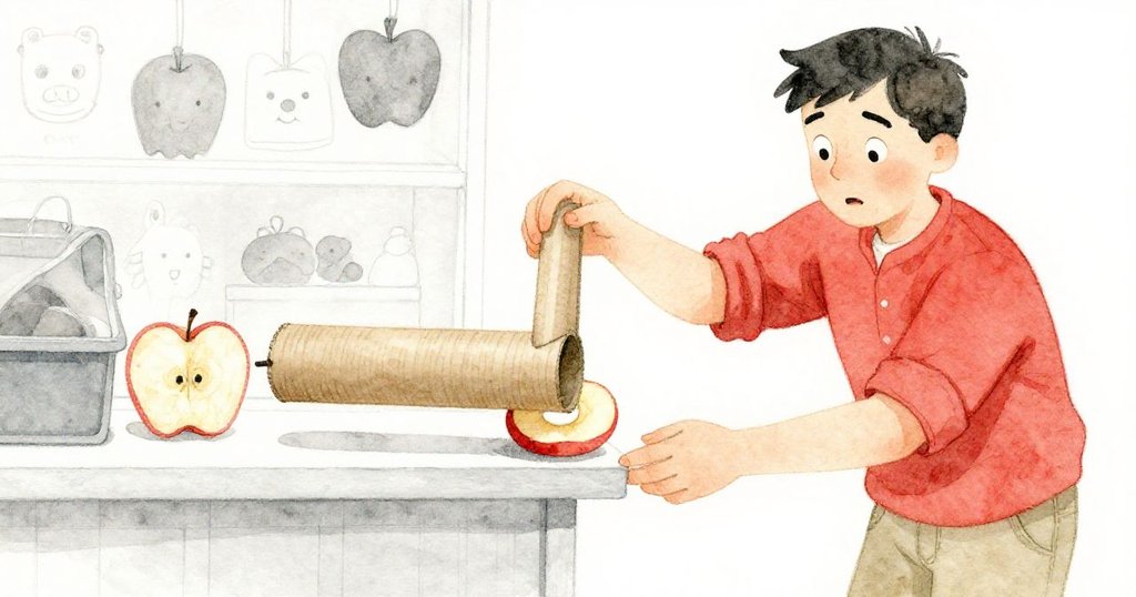 Grant靈巧操作卡紙管與乾蘋果圈，近距離展示工具與環境細節，溫和光線下充滿創意與實驗精神。