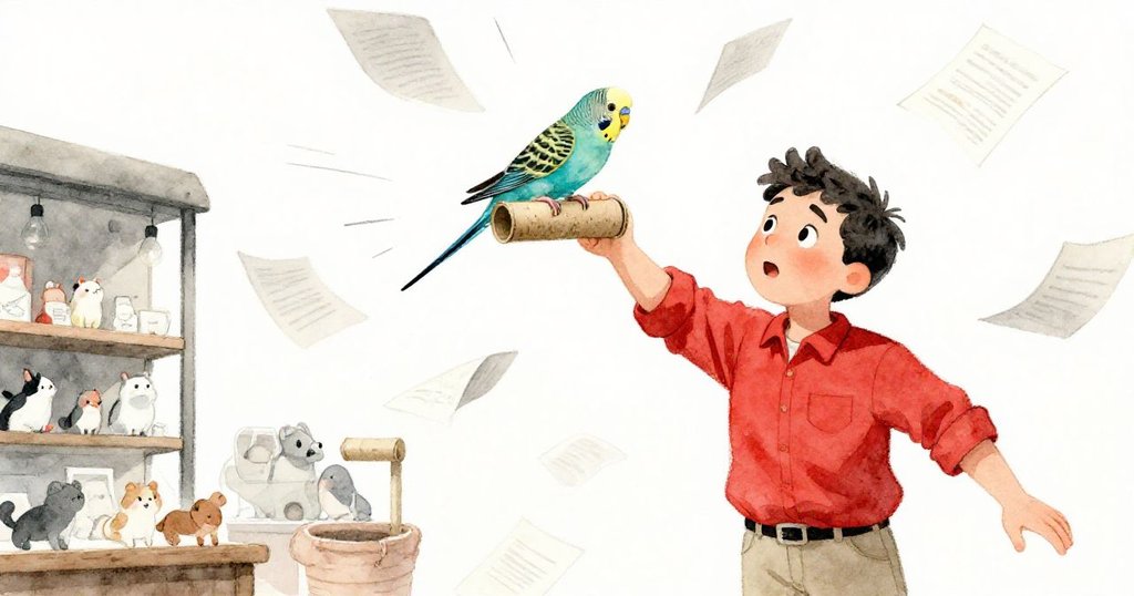 Budgie突然飛落，抓住紙管邊緣，Grant專注舉管防止鳥兒脫落，紙張飛舞場面緊張而充滿動感。