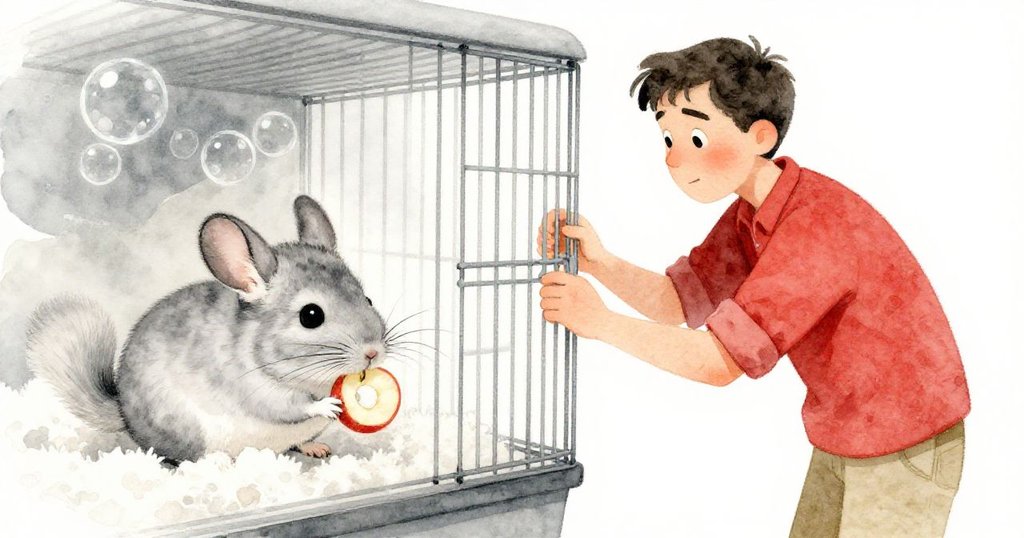 Grant輕巧關閉籠門，chinchilla在籠內啃食蘋果圈，水族箱泡泡輕舞，場景從緊張轉為溫暖寧靜，結束冒險。