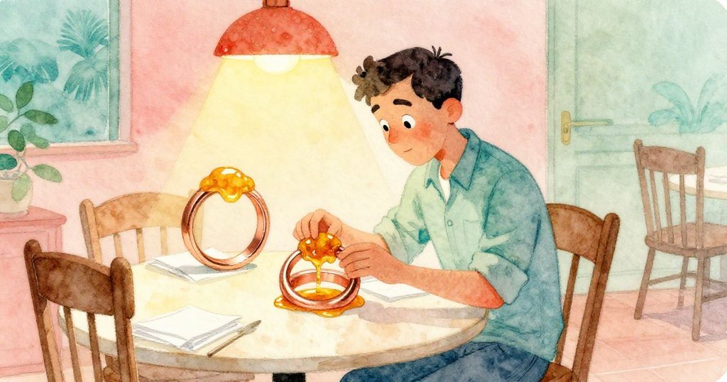 Reed 伸出手指觸碰桌上黏黏痕跡，餐廳中燈光柔和，木質桌椅與折疊餐巾呈現溫暖背景，表情專注。