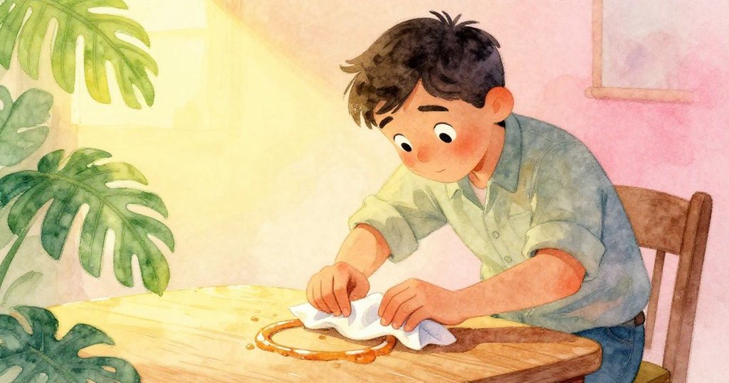 Reed 低角度呈現清潔桌上痕跡，雙手用餐巾輕拭木桌，臉上顯露出堅定表情，背景燈光溫暖柔和。