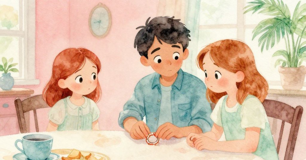 Iris 帶著疑惑表情走入餐廳，Reed 依然專注檢查桌上痕跡，室內燈光柔和且帶有淡淡回憶色調。