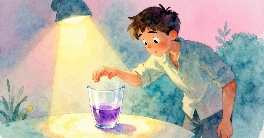 Reed 在燈光下傾斜玻璃杯，瞬間發現杯底閃爍的薰衣草油光，臉上露出驚喜的神情，充滿奇妙氛圍。