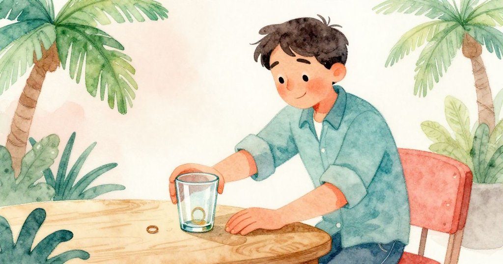 Reed 微笑滿足，將乾淨玻璃杯精準覆蓋在漸淡痕跡上，桌面光影柔和，象徵著解決與靜謐勝利。