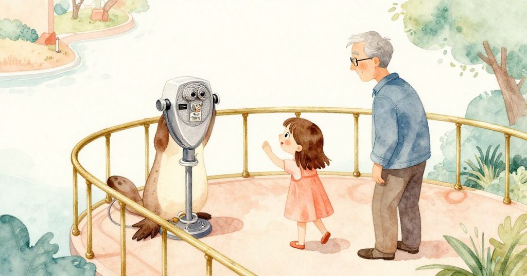 Mae與Lars在觀察台上探險,俯瞰鋼製欄杆、投幣觀察器和松動水管,充滿好奇與期待。