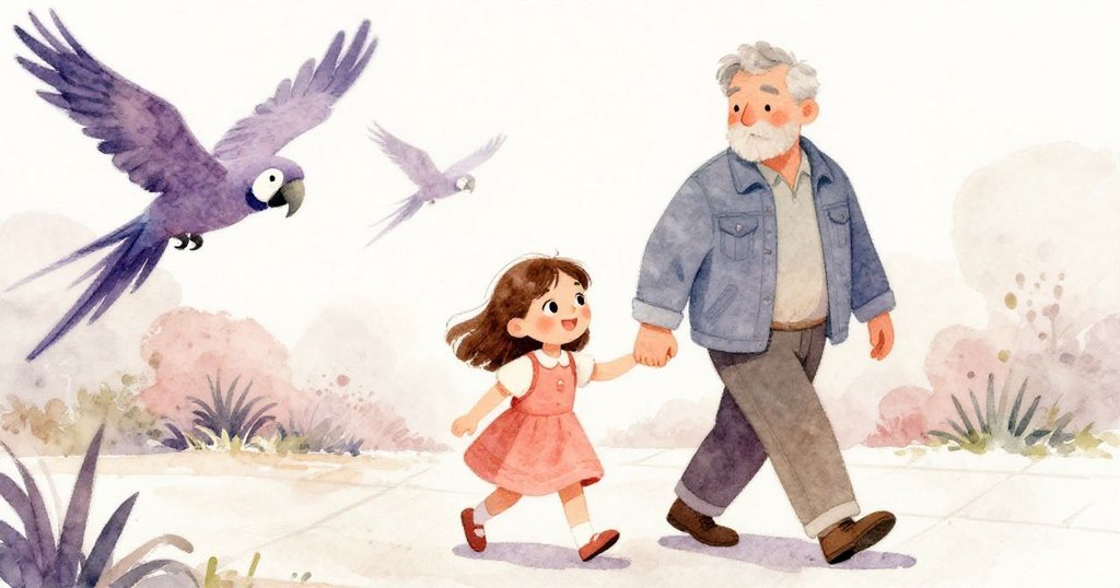 Mae與Lars踏步於公園小徑,腳步輕快中伴隨遠處鳥鳴,展現生動探索與歡喜情感。