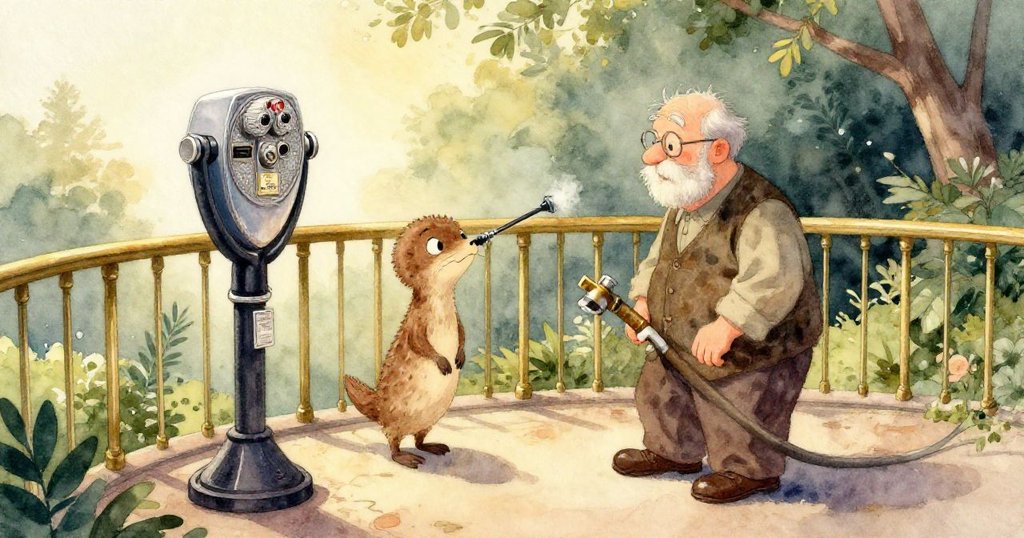 巡察員急奔調整水管閥門,水珠飛濺中鴨嘴獸迅速躍起,展現出充滿活力與冒險的畫面。