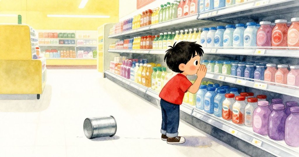 Wade在傾斜角度的商店裡低語，金屬架上有鋼罐滾動，環境充滿明亮色彩與動感，呈現緊張開始。