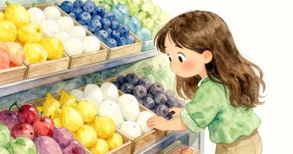 Clara在生鮮區近照中，眼神充滿好奇與驚訝，仔細聆聽金屬罐聲音，展現故事發展初期。