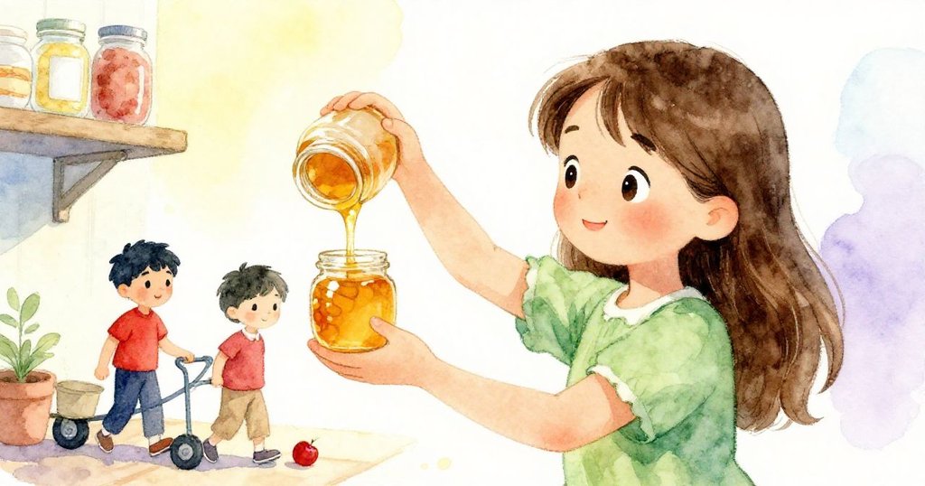 克拉拉小心提起傾斜的蜂蜜瓶，Wade在背景協助穩定推車，場景細節溫暖且充滿關懷。