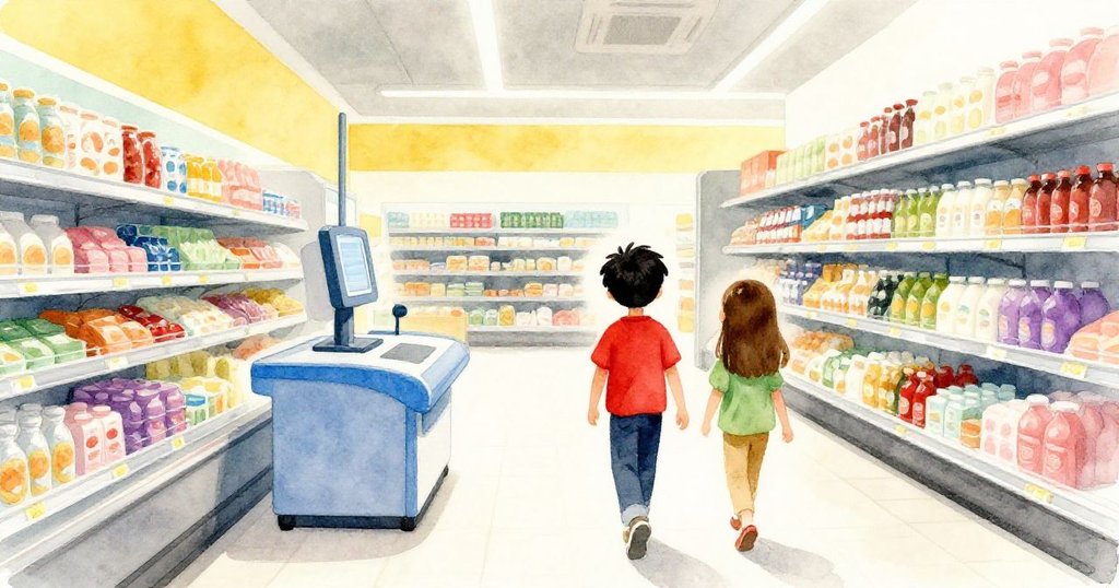 Wade與Clara解決問題後安心走向自助結帳區，推車恢復正常，商店內部恢復寧靜有序，充滿和平氣息。