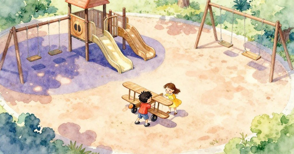 Kane和Ella在熱鬧操場中玩耍，Kane彈跳橡膠墊上，Ella輕觸小飛機，充滿活力與喜悅氣氛。