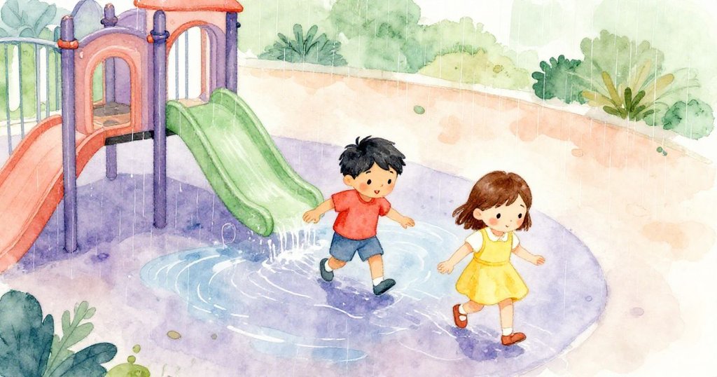 高處俯瞰水泉區，Kane與Ella小心前行，雨滴閃爍，場景透出平靜與堅定。