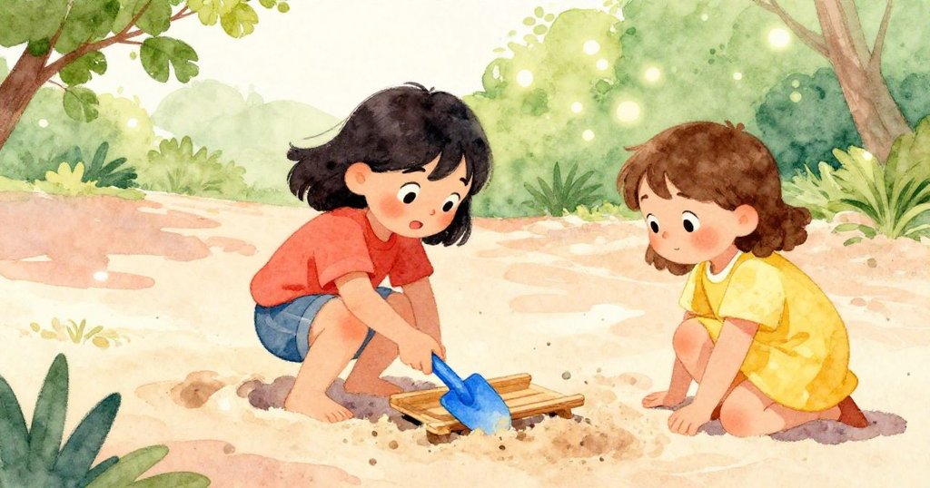 在沙坑中，Ella用亮色鏟子輕敲小飛機上沙粒，Kane關切觀看，表現出專注與團隊合作。